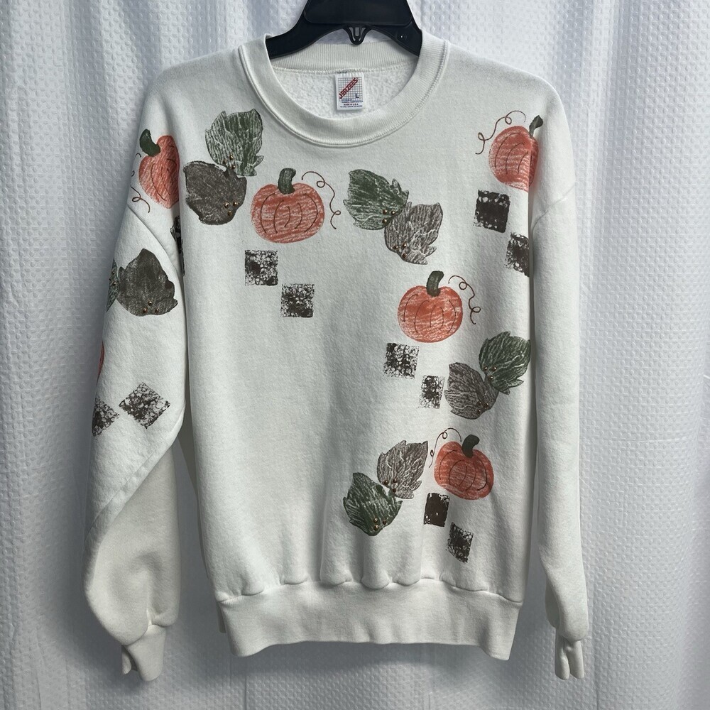 Vtg Jerzees‎ White Sweatshirt Pumpkin Autumn Fall Large USA Granny Chic Classic